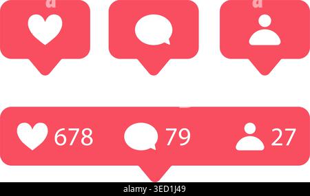 Social network like, comment and follower account notification pop up icon set. Vector illustration Stock Vector