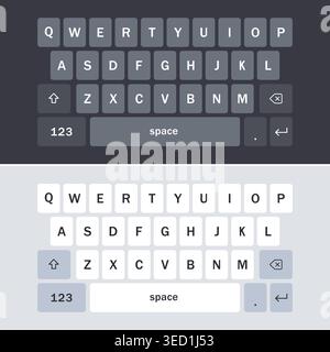 Smartphone virtual keyboard layout in dark and light modes in uppercase letters. Vector Illustration Stock Vector