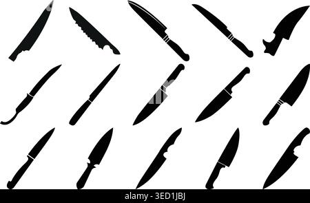 Assorted black knife silhouettes set isolated on white background featuring various kitchen and combat blade shapes vector illustration collection Stock Vector