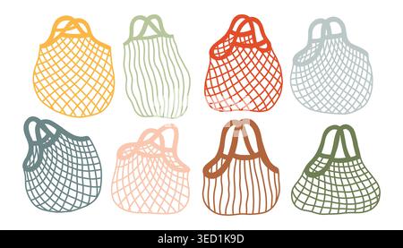 Set of hand drawn eco friendly string bags and net totes. Minimalist flat vector illustration of reusable grocery bags for sustainable lifestyle Stock Vector
