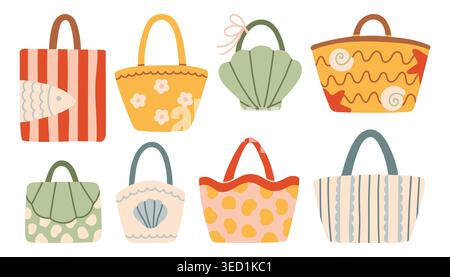 Collection of hand drawn beach bags and tote icons. Minimalist flat vector illustration of summer bags with sea shells, fish, and floral patterns Stock Vector