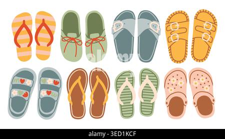 Collection of hand drawn summer shoes and sandals. Minimalist flat vector illustration of flip flops, slippers, and beach footwear doodles for Stock Vector