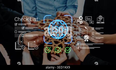 Team Collaboration on Business Improvement with ISO Checklist and Workflow Management Concept for Quality Assurance and Process Optimization Gluon. Stock Photo