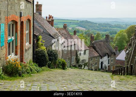 Spring afternoon on Gold Hill in Shaftesbury, Dorset. Stock Photo