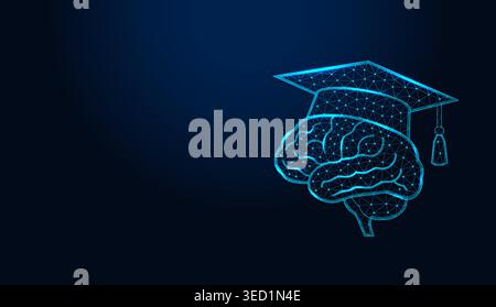 Low poly wireframe brain with graduation cap on dark blue background. Stock Vector