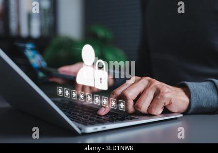 Cybersecurity and password privacy concept. User typing on laptop with digital login icon, lock symbol, passcode, secure access, authentication, Stock Photo