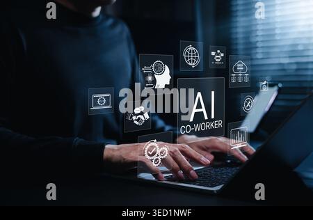 AI co-worker automation and digital workflow concept. Professional using laptop with icons for artificial intelligence, cloud systems, chatbot, coding Stock Photo