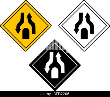 End Divided Road Signs. Warning Road Signs. Yellow, Black, and White Vector Icons Stock Vector