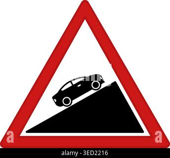 Red Steep Ascent Sign. Warning Road Sign. Car Going Up. Vector Icon Stock Vector