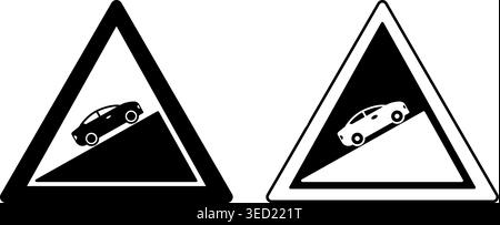 Steep Ascent Signs. Warning Road Signs. Car Going Up. Black and White Vector Icons Stock Vector
