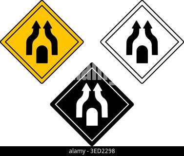 Signs Separated Highway Ends In One-Way Traffic. Warning Road Signs. Yellow, Black And White Vector Icons Stock Vector