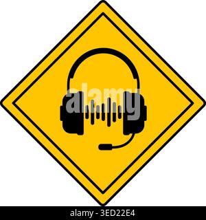 Yellow Music Zone Sign. Diamond Road Sign. Headphones with Microphone and Playing Music. Vector Icon Stock Vector