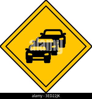 Yellow Traffic Jam Sign. Warning Diamond Road Sign. Car Congestion on the Road. Vector Icon Stock Vector
