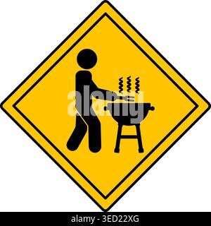 Yellow Sign BBQ Zone. Warning Road Sign. Grilling Meat Allowed. Man Cooking Food. Outdoor Picnic. Vector Icon Stock Vector