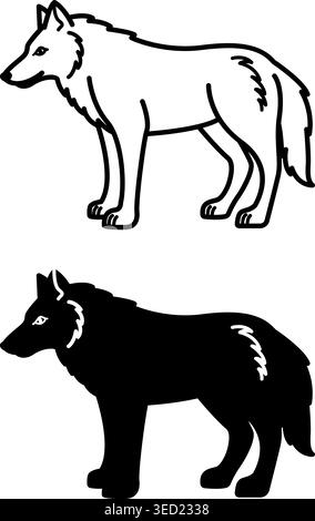 Wolf Icons. Black and White Vector Illustrations. Large Predatory Mammal. Symbol of Devotion and Fearlessness. For Coloring Book Design. Animal Concep Stock Vector