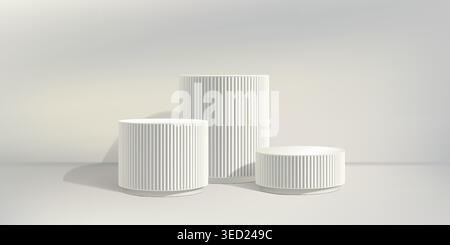 White poduim bg, ribbed column pillar 3d render. Product discount marble stand, fluted elegant pedestal on pastel limbo. Cosmetic promotion empty Stock Vector