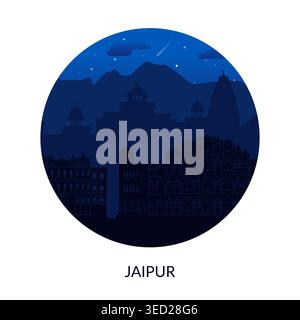 Stunning Night View of Jaipur Showcasing Majestic Mountains and Historic Architecture Stock Vector