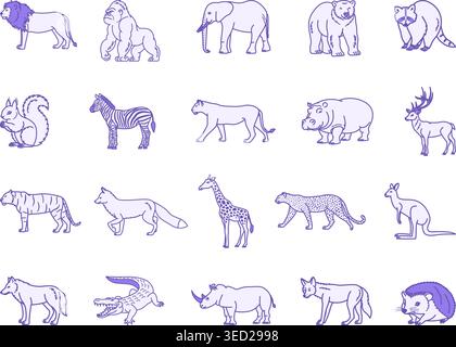 Wild Animals Color Icons. Vector Illustrations of Lion, Gorilla, Elephant, Bear, Deer, Squirrel, Zebra, Tiger, Leopard, Giraffe, Raccoon, and More Stock Vector