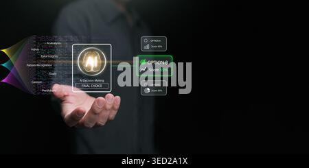 Artificial intelligence decision making interface choosing best option from data inputs. AI analysis, pattern recognition, predictions, score ranking, Stock Photo