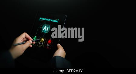 Artificial intelligence decision making on tablet with approve, review and reject options. AI analysis, automated evaluation, risk screening, workflow Stock Photo