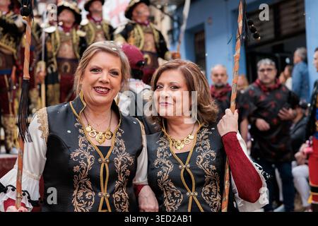 Two Women in Fila Andaluces Attire Posing during the Christian Entry in Alcoy on April 25, 2026, Spain Stock Photo