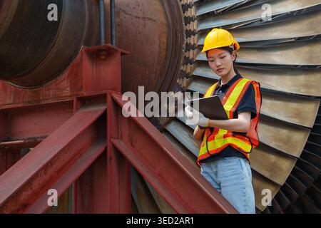 oung Asian female technician in her 20s uses a digital tablet to manage records near large turbine blades at a power plant for energy technology and f Stock Photo