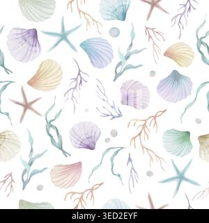 Watercolor seamless pattern with seashells, starfish, corals, seaweed. Hand painted marine underwater background on white. Vector EPS. Stock Vector