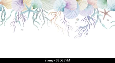 Watercolor seamless sea border with seashells, corals, starfish,  seaweed. Hand painted marine underwater horizontal pattern on white. Vector EPS. Stock Vector
