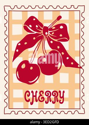 Red cherries dangle beneath a polka-dot ribbon bow Stock Vector