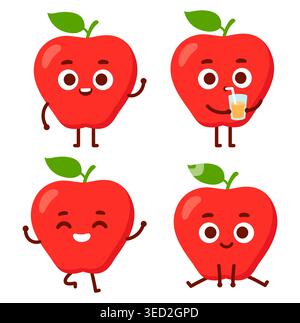 Cute cartoon apple character set. Funny apple juice mascot drawing with different poses and faces. Isolated vector illustration. Stock Vector