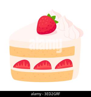 Japanese strawberry shortcake piece illustration. Sponge cake with whipped cream and strawberries. Cartoon vector clip art. Stock Vector
