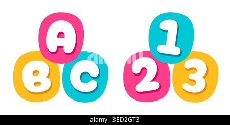 Cute cartoon ABC letters and 123 numbers icon, bright flat vector illustration. Children math and language education, school logo. Stock Vector