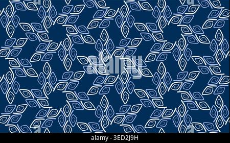 Blue white spirals on dark blue background. Winter seamless geometry pattern. Stars snowflakes background. Intricate spirally grid Stock Vector