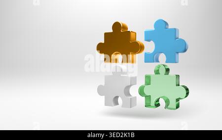 3D 4 puzzle pieces float. Business team match concept. Jigsaw game parts split but fit together. Partnership abstract render in gold, blue and glass Stock Vector