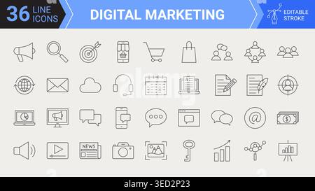 Digital Marketing Line Editable Icons Stock Vector