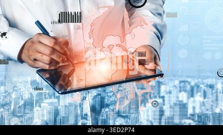 A businessman interacts with a digital tablet, conducting data analysis and market research. The background features cityscape and world map graphics Stock Photo
