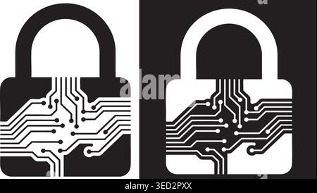 Cyber Security Lock Icon Set, Data Protection Padlock with Circuit Technology Design Stock Vector