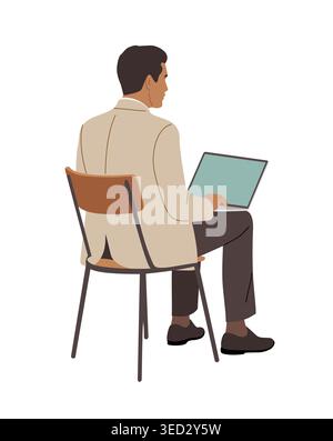 Man sits back, working on a laptop.  Stock Vector