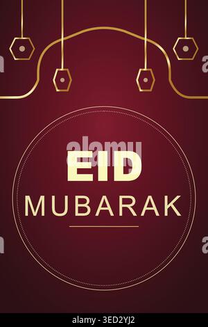 Elegant Eid Mubarak greeting card with golden lanterns and geometric patterns on a luxury deep red gradient background. Professional Islamic banner. Stock Vector