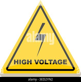 Industrial High Voltage warning sign with black lightning bolt in a yellow triangle. Electrical hazard safety symbol for power and construction sites. Stock Vector