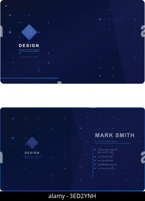Modern futuristic business card template with dark blue technology background, digital circuit patterns and neon blue accents for IT professionals. Stock Vector