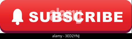 Red Subscribe call-to-action button with white notification bell icon. 3D style graphic for digital video content platforms and social media channels. Stock Vector