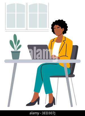 Business Woman sits at desk, using laptop Stock Vector
