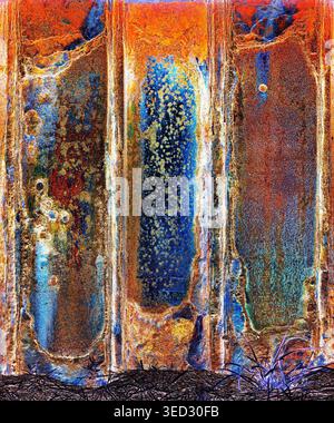Close-up of rusted metal panels showing layered corrosion, peeling paint, rust  and coarse texture. Stock Photo