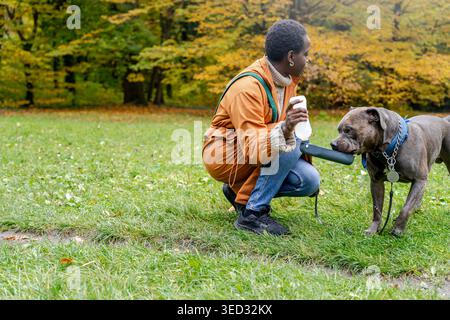 Young dark-skinned woman kneeling in orange jacket as large grey dog drinks from portable bowl Stock Photo