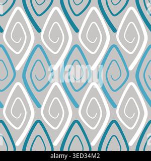 Stilized sea wave ornament vector illustration. Iterative teal and white spirals curl on gray background. Seamless geometric pattern with rhombuses Stock Vector