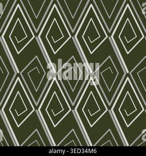 Seamless geometric zigzag pattern with rhombuses. Green stilized ethnic ornament. Grey spirals curl on dark green background. Mosaic tile decor Stock Vector