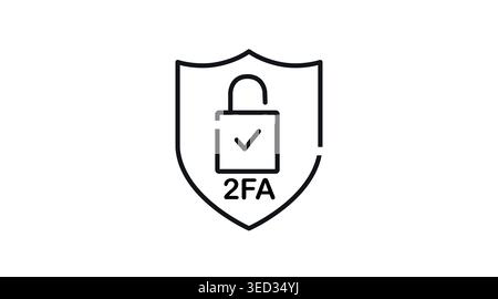 2FA shield security icon: protection shield with padlock and two-factor authentication text, minimalist black line art vector illustration. Stock Vector
