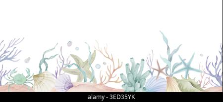 Watercolor seamless marine border with crab, starfish, corals, shells  seaweed on sand. Ocean underwater seabed horizontal pattern on white. Vector. Stock Vector