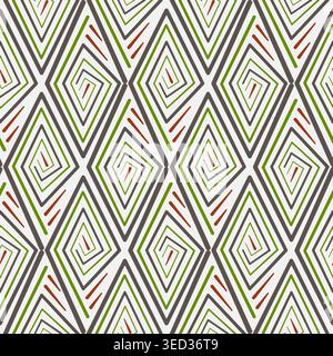 Seamless geometric pattern with rhombuses. Stylized primitive ethnic ornament. Green brown spirals curl on gray background Stock Vector